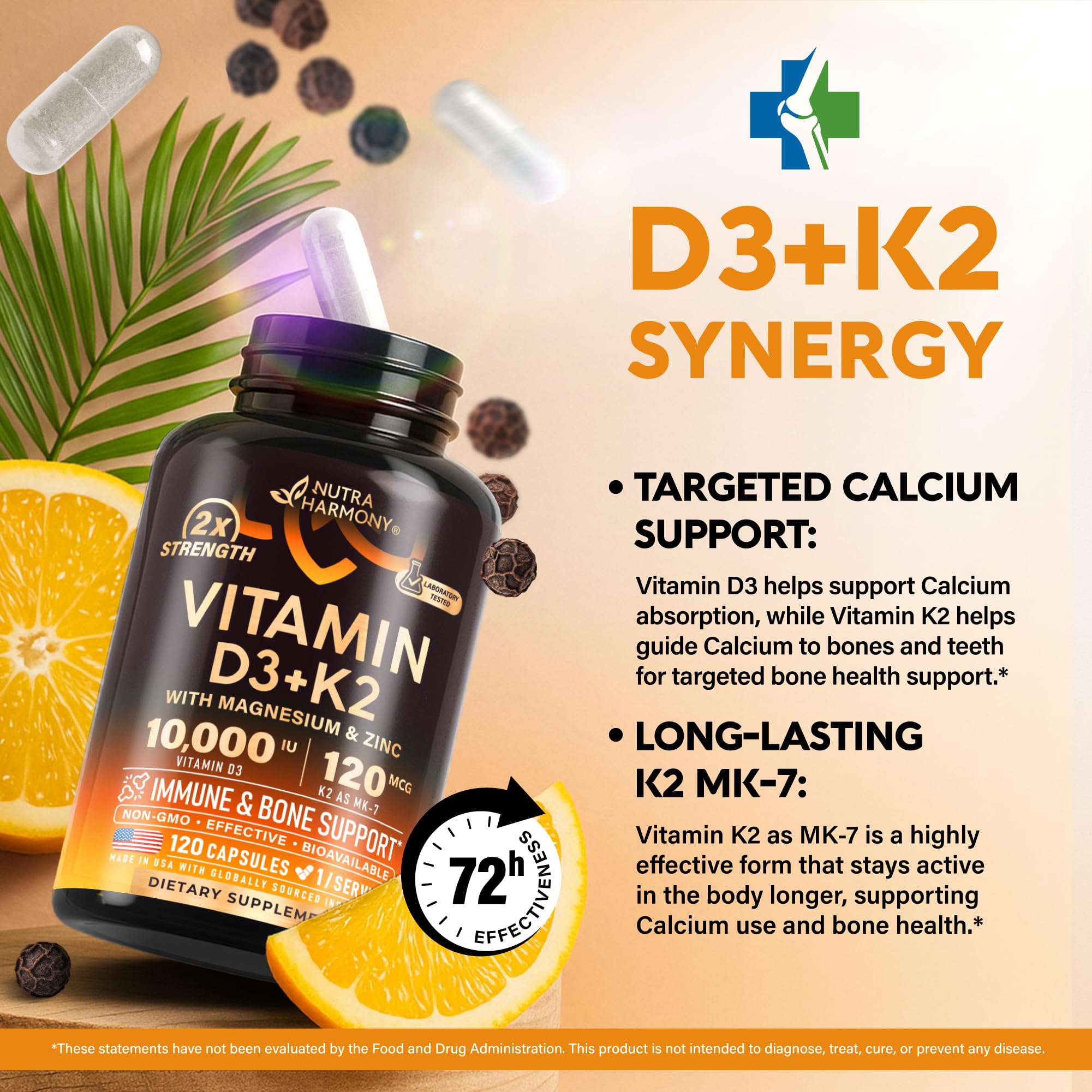 Vitamin D3 K2 - Vitamin D3 10000 iu & K2 as MK-7 120 mcg Complex - 120 Caps | D3 K2 + Magnesium, Zinc & Vitamin C & B12- Immune & Mood Support, Bone & Teeth Health - for Men & Women - Highly Bioavailable