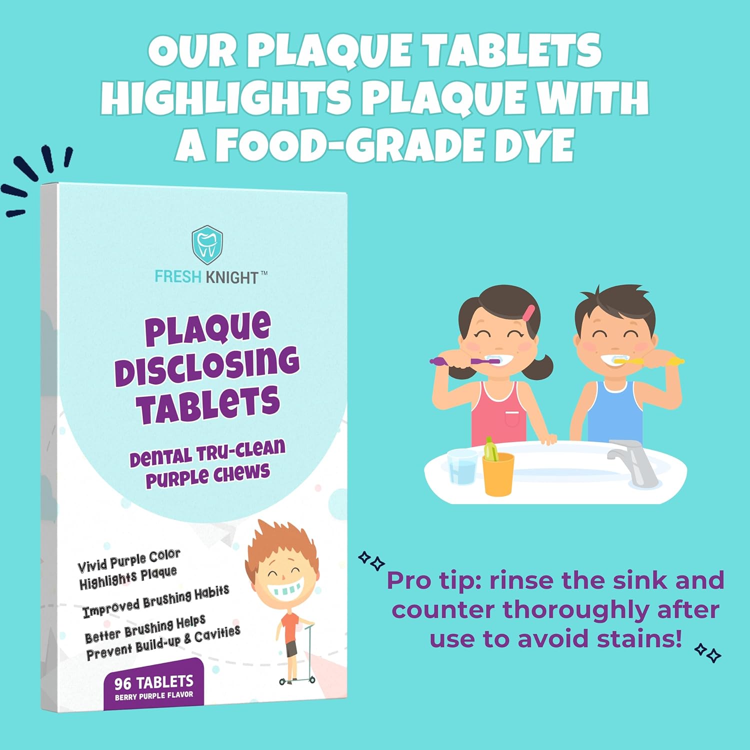 Buy now Plaque Disclosing Tablets for Teeth, 96 Count, Dental Disclosing Tablets for Kids or Adults, Shows Plaque, Helps Teach Kids Teeth-Brushing Habits for Clean Smile, by Fresh Knight, (Pack of 1) at indiglob india