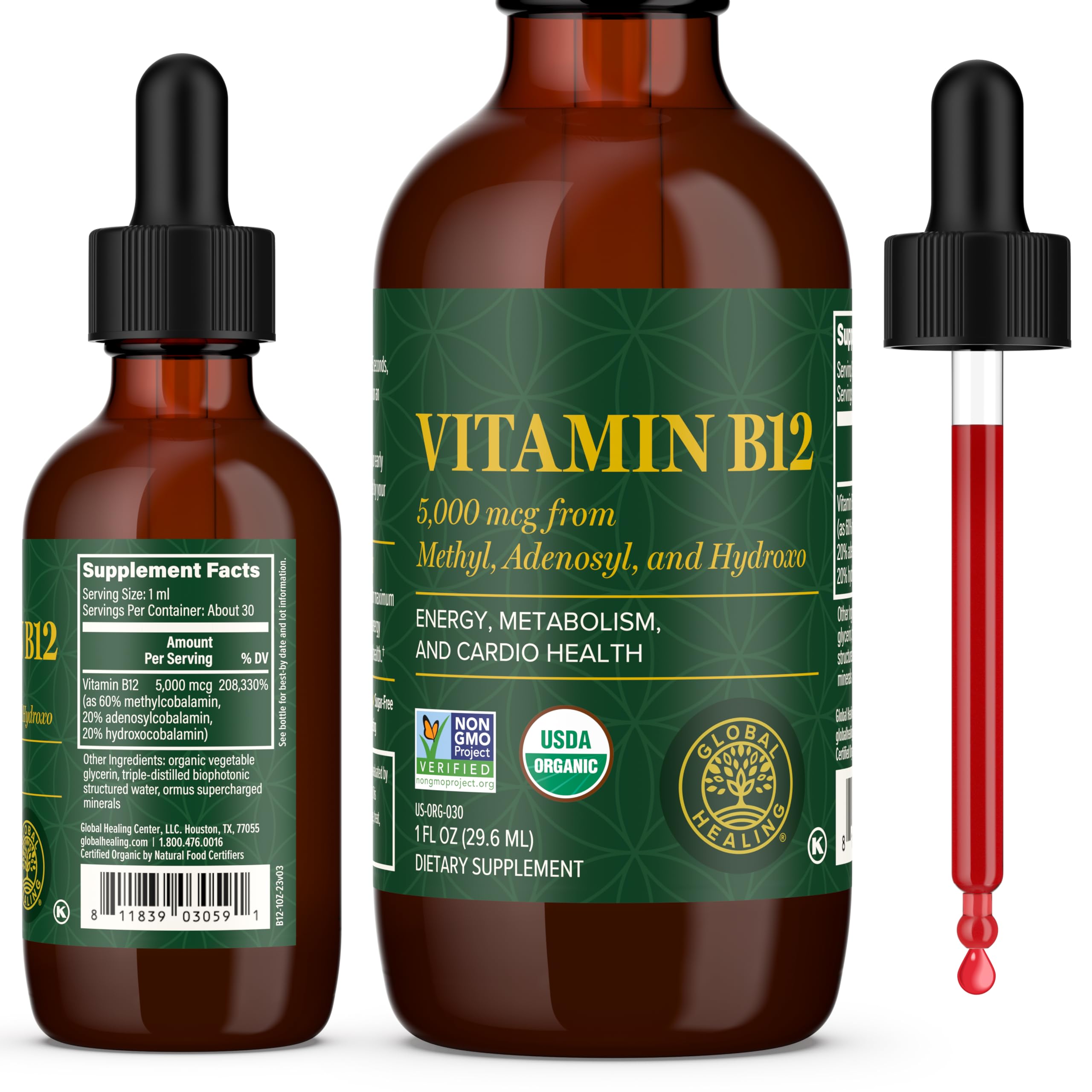 Vitamin B12 5000mcg Sublingual Liquid Drops, Methylcobalamin, Vegan (2 Oz) | Global Healing B12 Vitamins Sublingual Methylcobalamin Vitamina Para Mujer