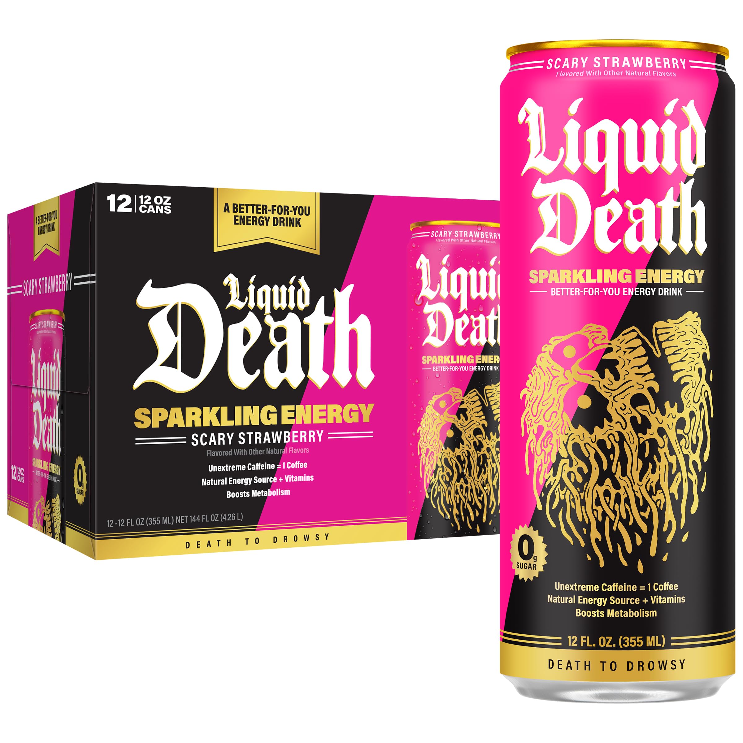 Buy now Liquid Death Sparkling Energy - Tropical Terror (Classic Piña Colada), Zero Sugar Energy Drink, Unextreme Caffeine 100mg, Essential Vitamins, 12 Fl Oz (Pack of 12) Scary Strawberry at indiglob india
