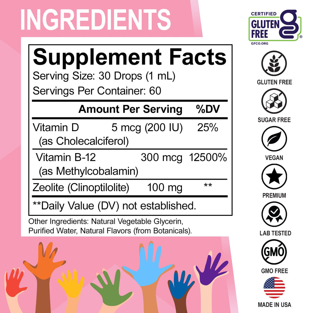 Zeolite Detox for Kids Lingo Drops - Natural Lingo Zeolite Drops for Kids Methylated B12 & D3 Advanced Clinoptilolite - Pure Extra Clinoptilolite Leap Liquid Detox Body Cleanse Supplement Ages 3+, 2oz