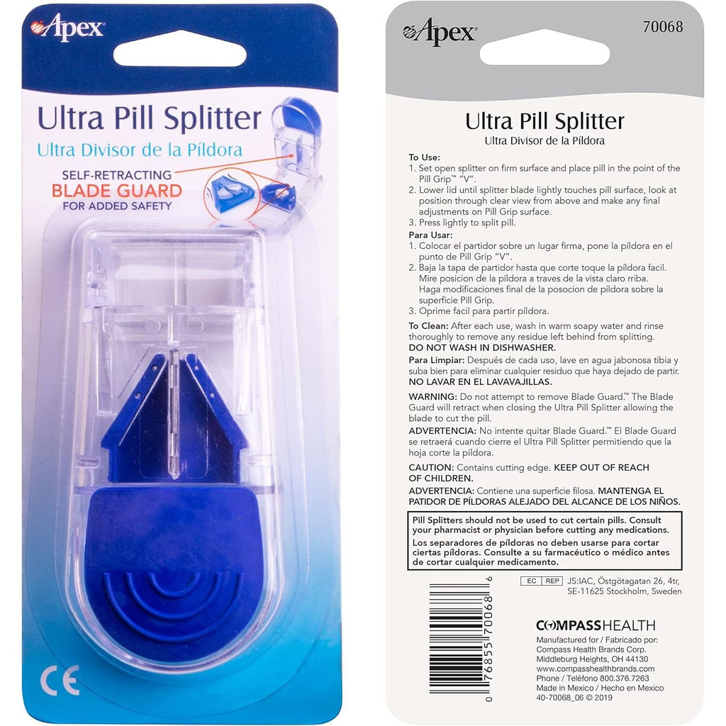 Buy now Apex Ultra Pill Cutter, Professional Medical Pill Splitter with Retracting Blade Guard, for Precise Cutting Small or Large Tablets, Vitamins, Blue/Green and Clear, 1 Count, Compact & Travel-Friendly at indiglob india