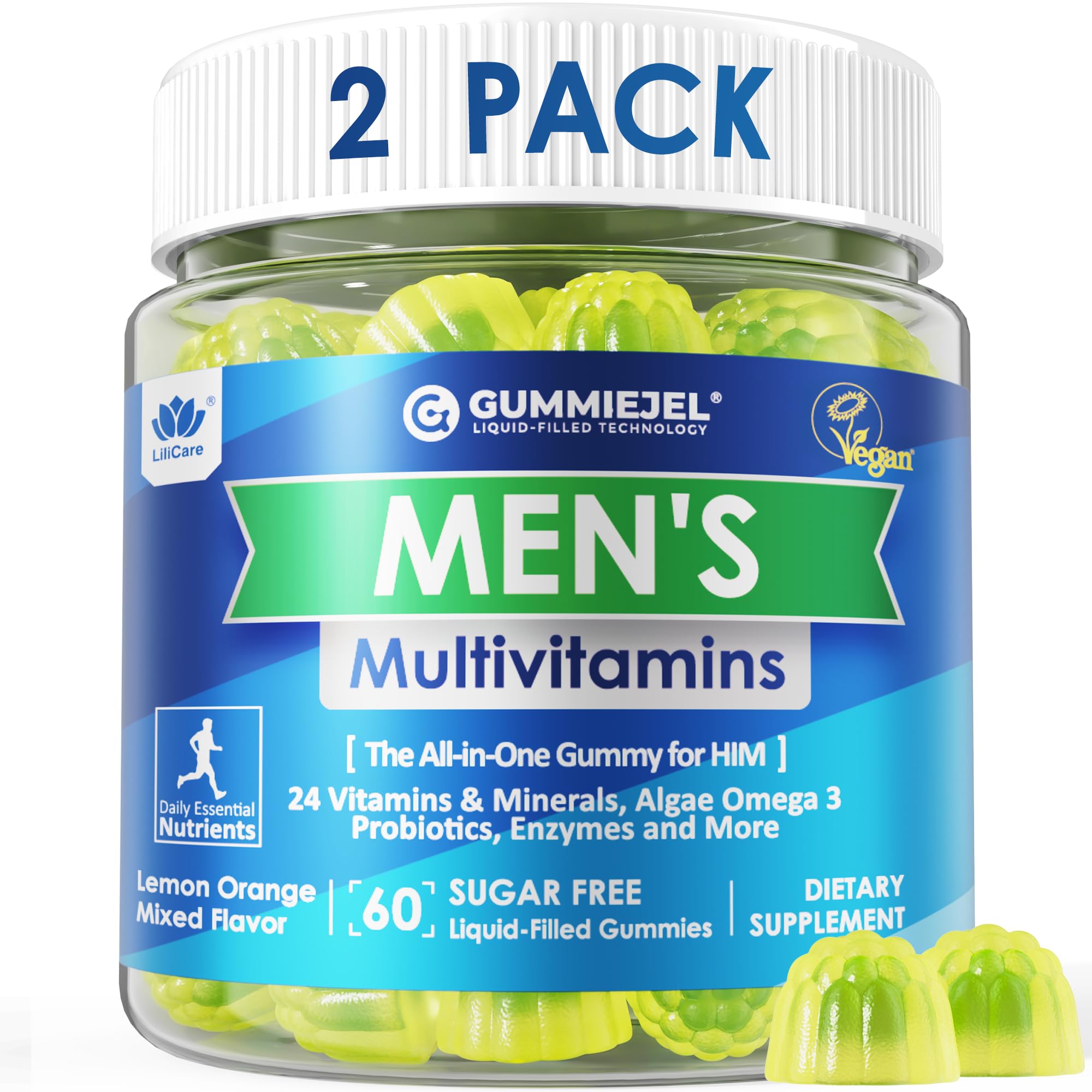 Mens Multivitamins Gummies, Methylated Multivitamin for Men, B Complex, Minerals, Vegan Omega 3, Probiotic, Enzyme, Antioxidants for Men's Complete Daily Support, Sugar Free, Vegan (No Iron) 60 Counts