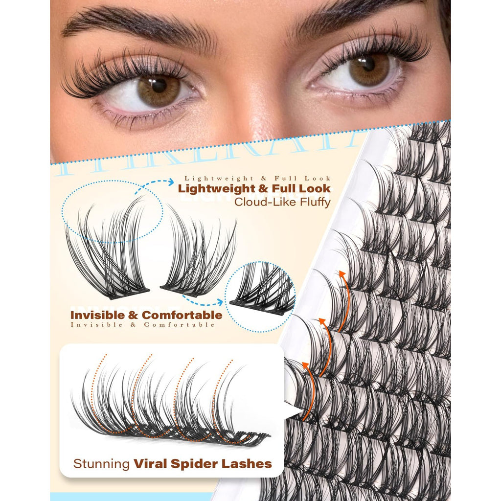 PHKERATA Spider Lash Clusters Natural Eyelash Clusters, Fluffy D Curl Cluster Eyelash Extensions, 12-14-16mm Wispy Individual Lashes with Soft Thin Band