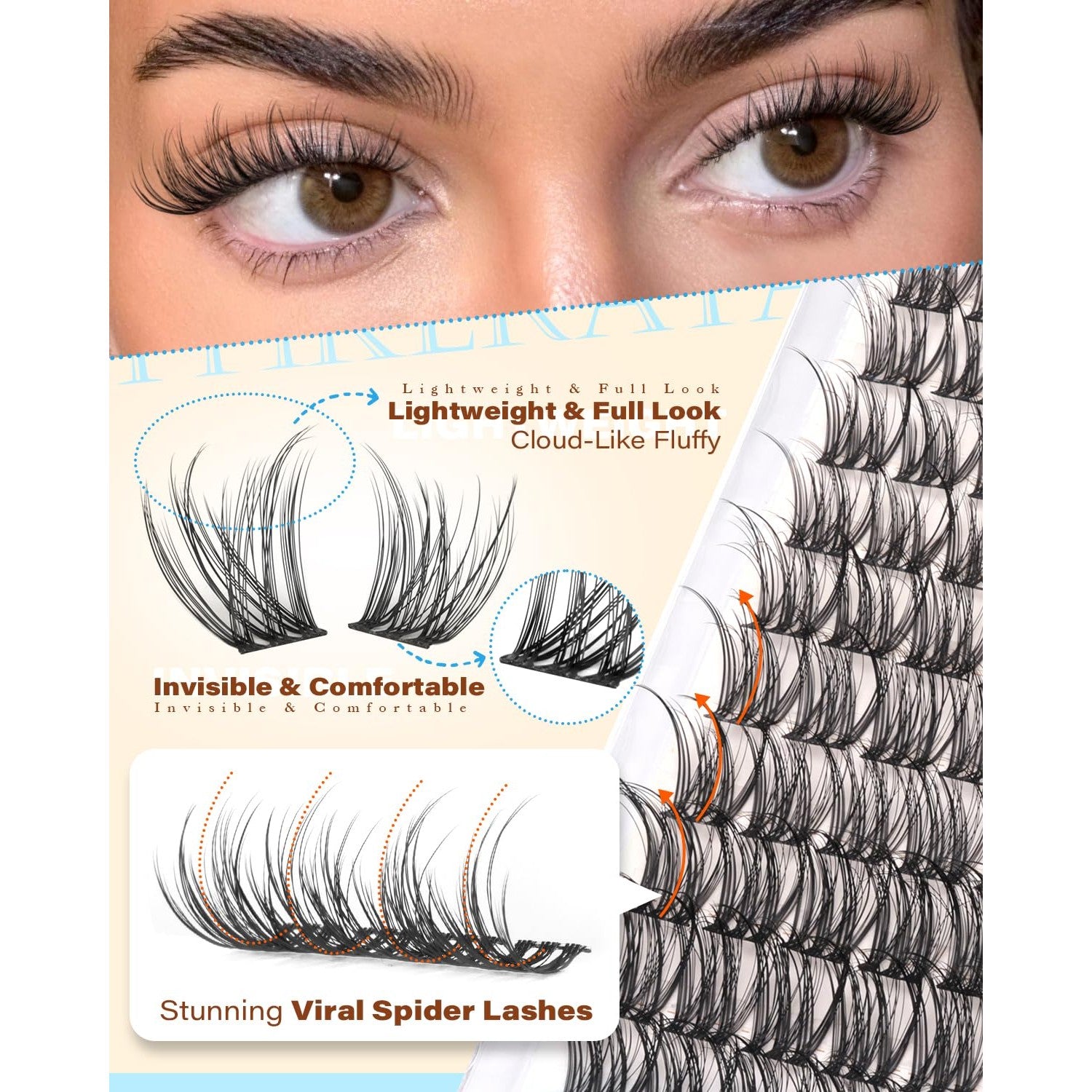 PHKERATA Spider Lash Clusters Natural Eyelash Clusters, Fluffy D Curl Cluster Eyelash Extensions, 12-14-16mm Wispy Individual Lashes with Soft Thin Band