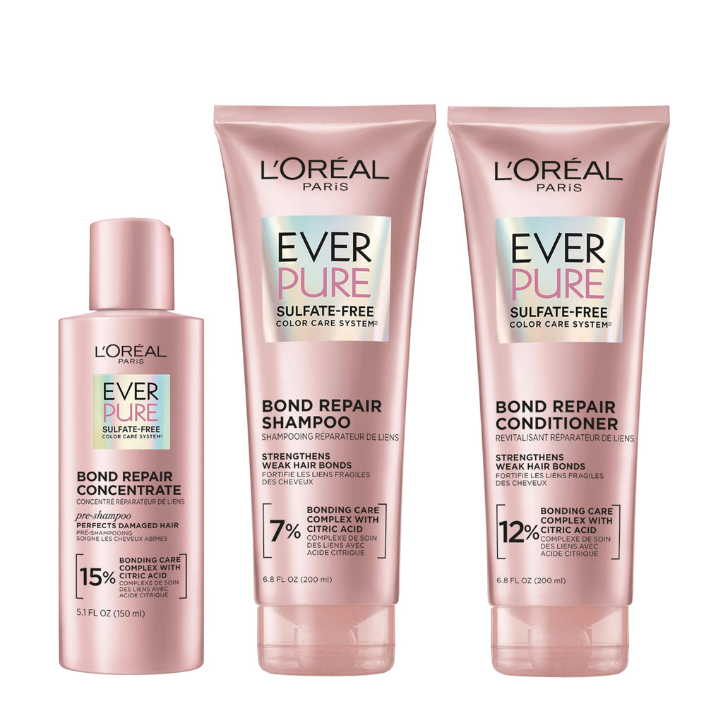 L'Oreal Paris Sulfate Free Bond Repair+ Shampoo and Conditioner Set with Bond + Amino Acid Complex, Strengthens and Repairs Damaged or Color Treated Hair, EverPure, 13.6 Fl Oz Set (Packaging May Vary)