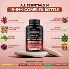 Berberine with Ceylon Cinnamon, Bitter Melon, Hawthorn & Turmeric - 60 Caps | 15in1 Supplement with ACV, Citrus Bergamot - Heart, Metabolism & Energy Support - for Men & Women - Vegan, 60-Day Supply