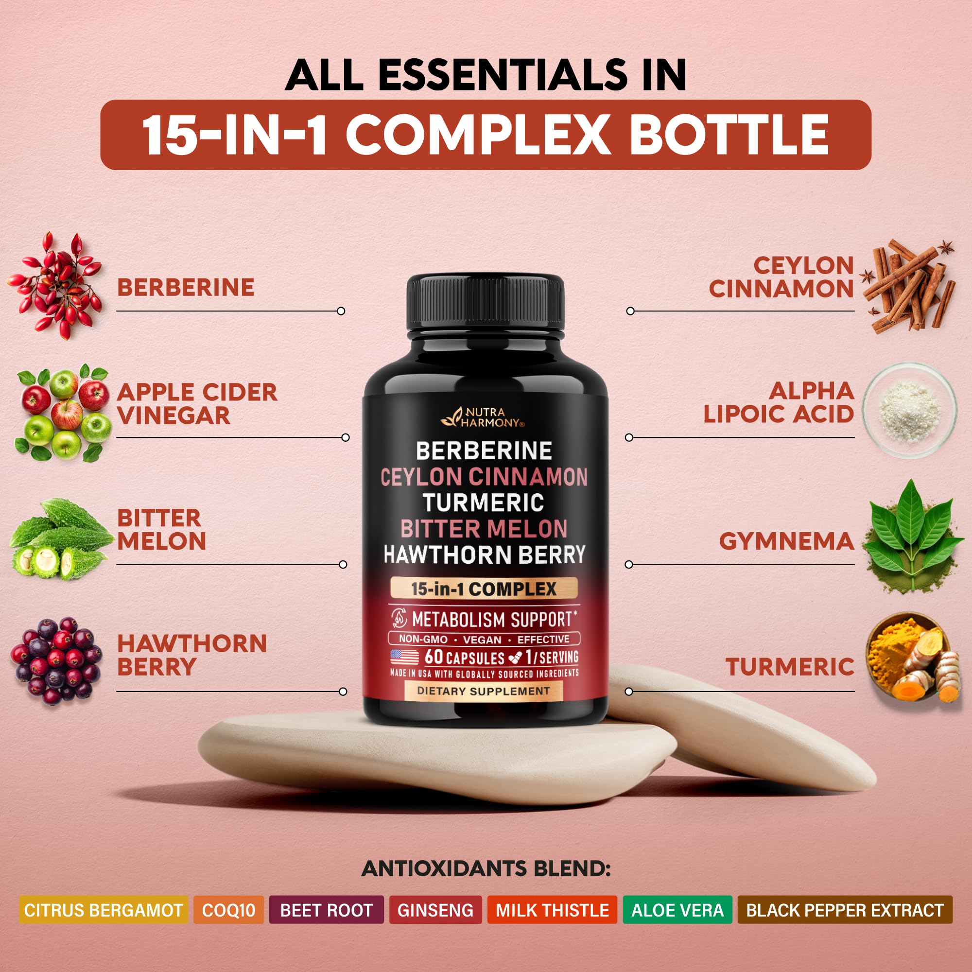 Berberine with Ceylon Cinnamon, Bitter Melon, Hawthorn & Turmeric - 60 Caps | 15in1 Supplement with ACV, Citrus Bergamot - Heart, Metabolism & Energy Support - for Men & Women - Vegan, 60-Day Supply