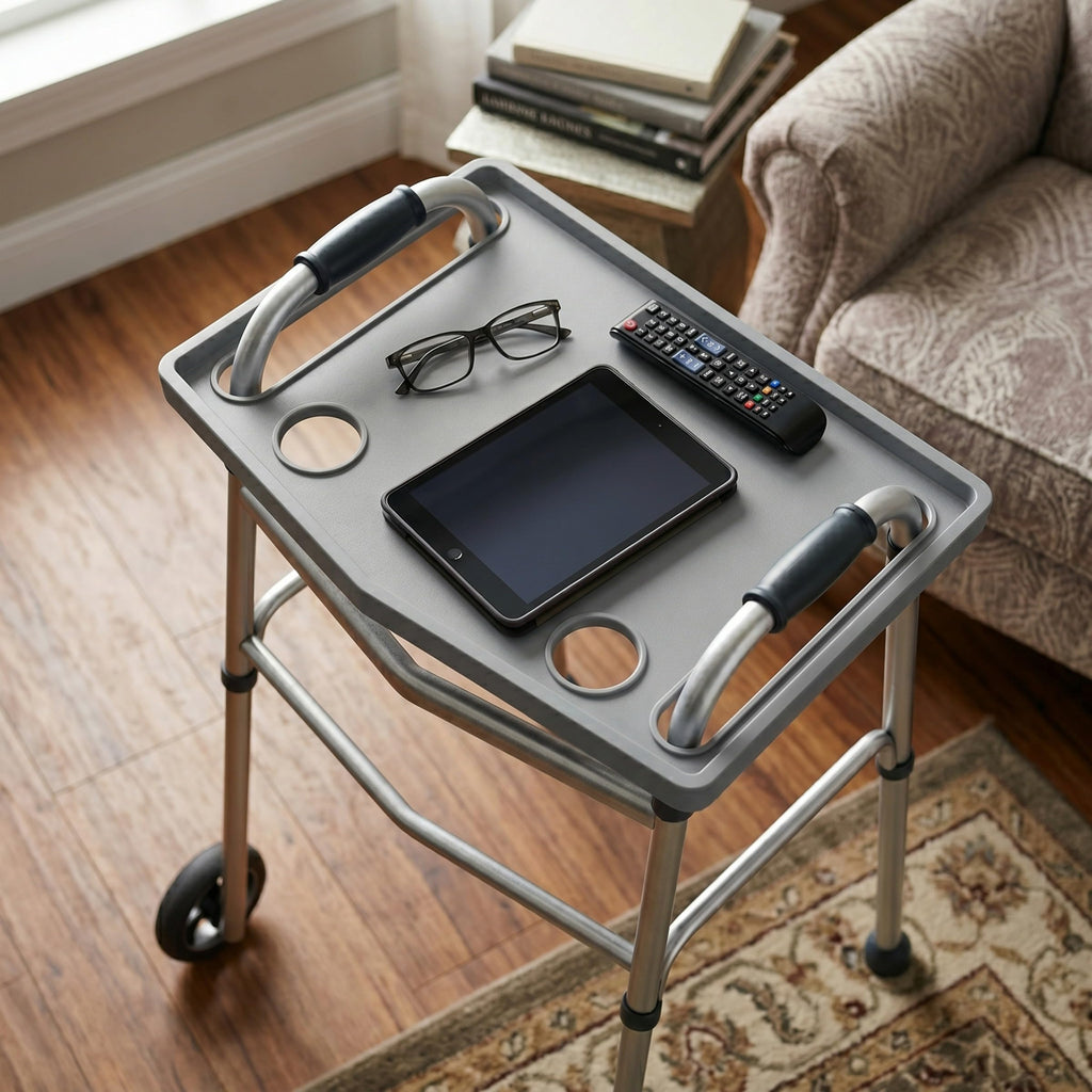 Bluestone Walker Tray Table with 2 Cup Holders, Gray