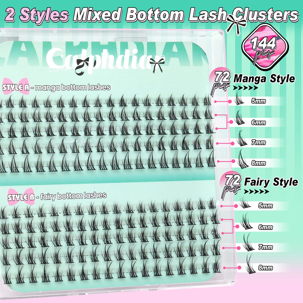 Calphdiar's Bottom Lash Clusters set includes manga and fairy styles in 144 pieces for a stunning lash look. Verified by CuratCart.