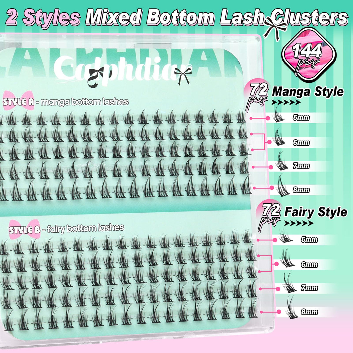 Calphdiar's Bottom Lash Clusters set includes manga and fairy styles in 144 pieces for a stunning lash look. Verified by CuratCart.