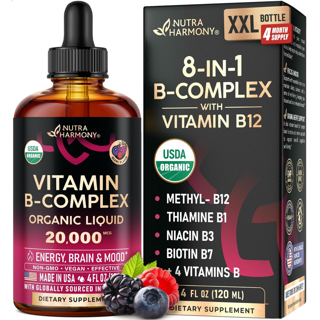USDA Organic Vitamin B-Complex 20000mcg - B5, B12, B1, B6, B7, B9, B3 - 2Oz | B Complex Liquid Drops - Pantothenic Acid, Methylcobalamin, Thiamine, Pyridoxine, Biotin, Folic, Niacinamide - Berry Flavor