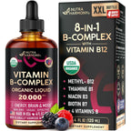 USDA Organic Vitamin B-Complex 20000mcg - B5, B12, B1, B6, B7, B9, B3 - 2Oz | B Complex Liquid Drops - Pantothenic Acid, Methylcobalamin, Thiamine, Pyridoxine, Biotin, Folic, Niacinamide - Berry Flavor