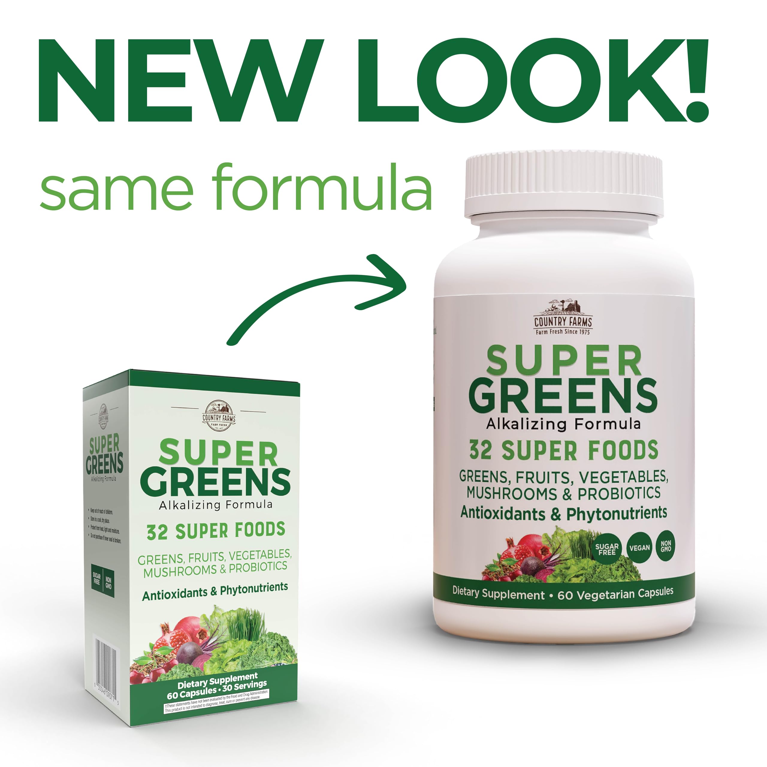 Country Farms Super Greens Vegicaps, 32 Super Foods, Whole Food Supplement, Greens, Fruit, Vegetables, Mushrooms & Probiotics, Rich in Antioxidants & Phytonutrients, 120 Count, 60 Servings