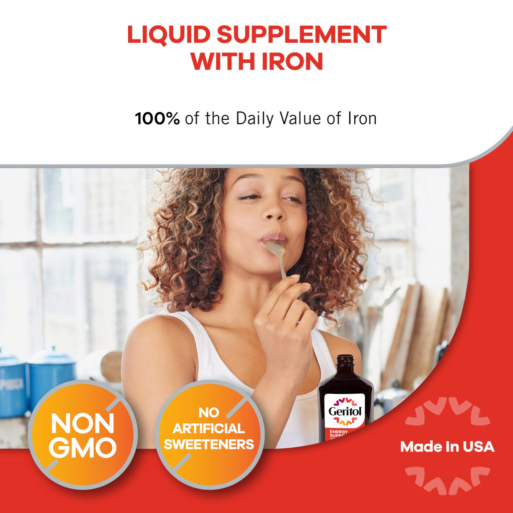 Geritol Liquid Vitamin and Iron Supplement, Energy Support Vitamins, Contains High Potency B-Vitamins and Iron, Easy to Swallow, No Artificial Sweeteners, Non-GMO, 12 Oz (Pack of 2)