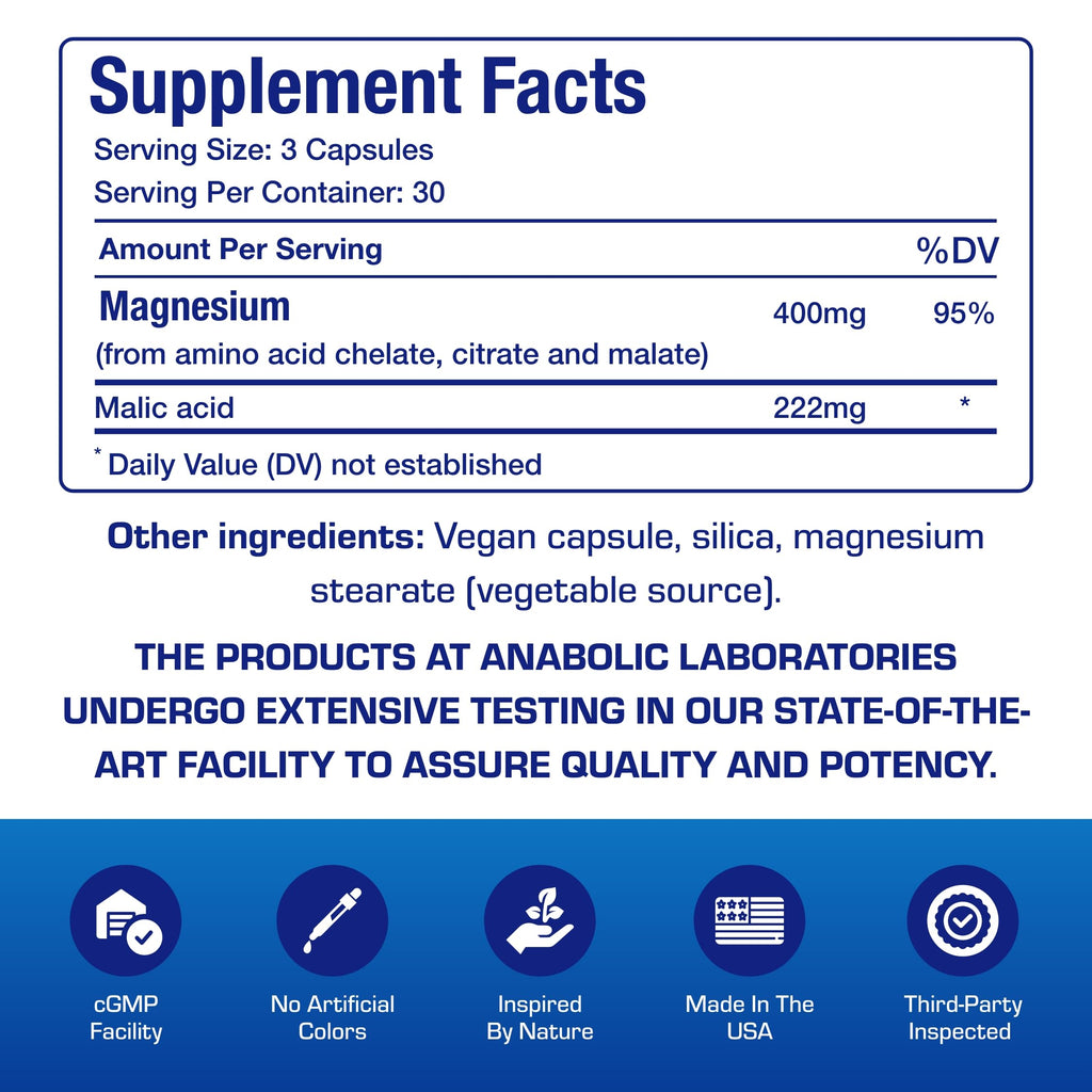 Triple Magnesium Complex 400 Mg - Clinical Formula Chelated Magnesium Supplement with Glycinate Malate and Citrate for Optimal Muscle Nerve Bone & Digestive Health Support - 1 Month Supply
