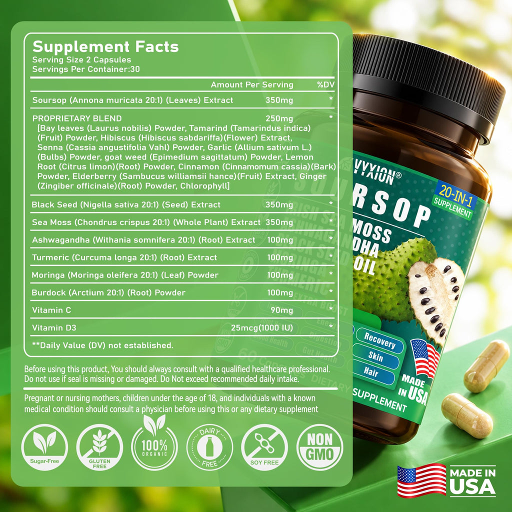 Soursop Graviola Supplement with Sea Moss, Moringa, Turmeric, Black Seed Oil, Oregano, Ashwagandha | 20-in-One Herbal extracts for Overall Health-Enhancing | Vegan, Non-GMO | 60 Capsules