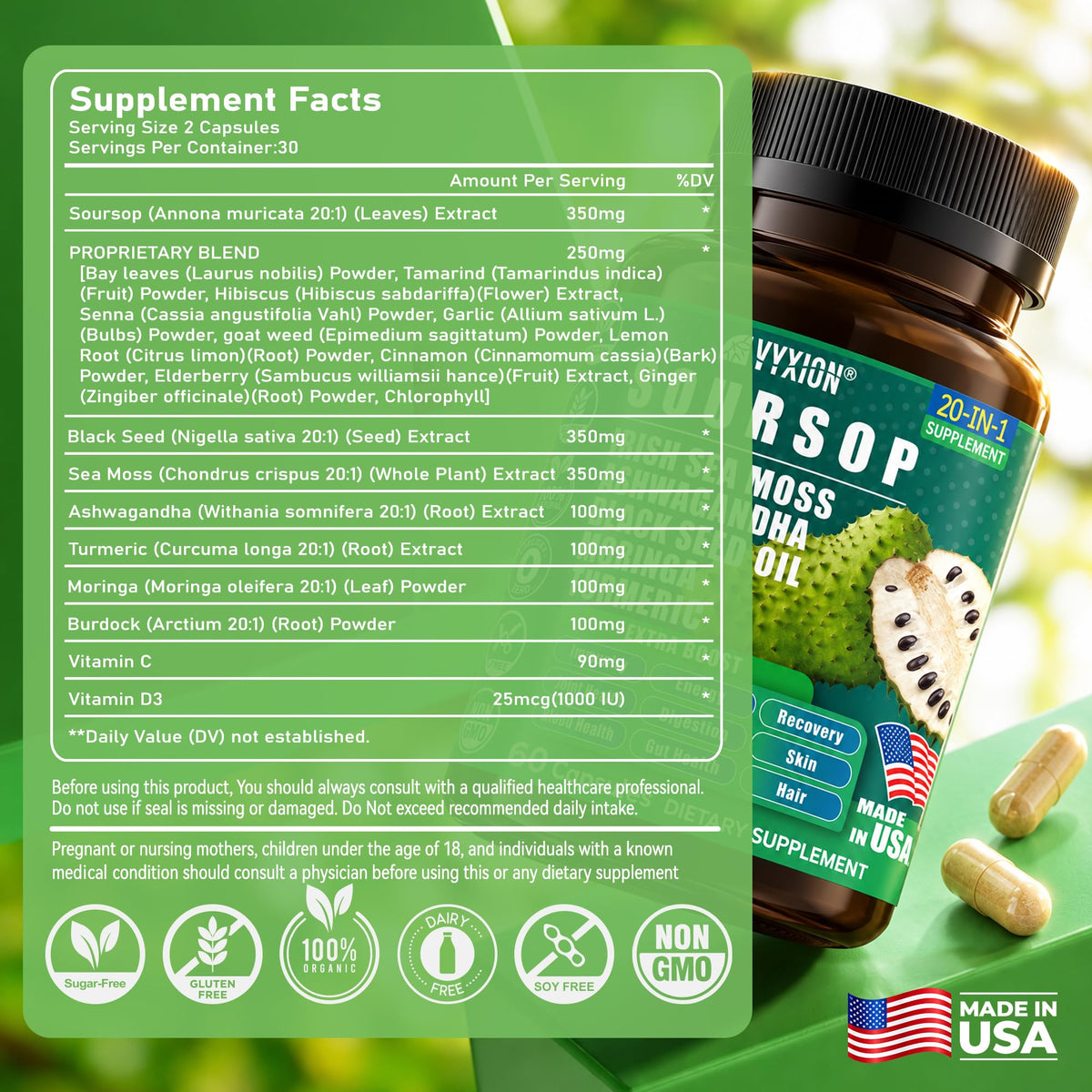Soursop Graviola Supplement with Sea Moss, Moringa, Turmeric, Black Seed Oil, Oregano, Ashwagandha | 20-in-One Herbal extracts for Overall Health-Enhancing | Vegan, Non-GMO | 60 Capsules