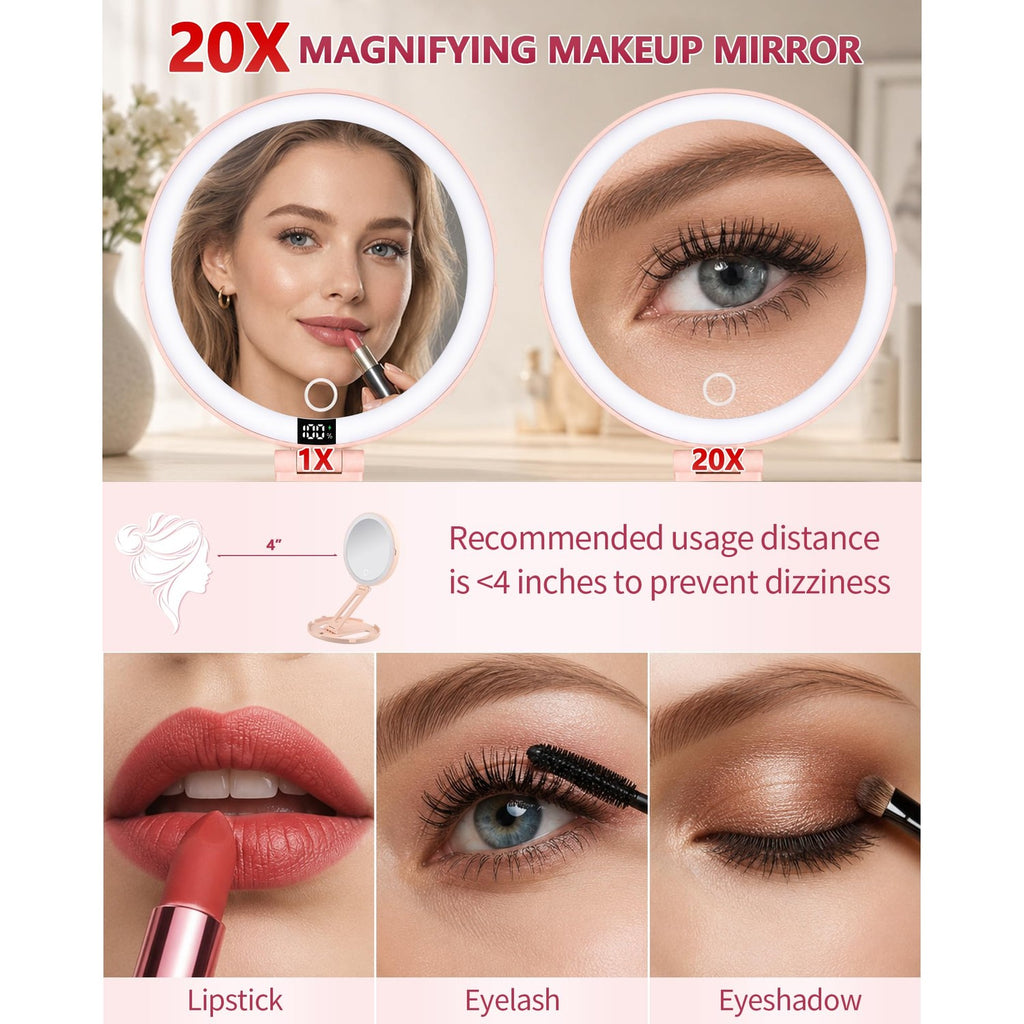 Foldable Travel Makeup Mirror with Lights 20X/1X Magnifying Mirror