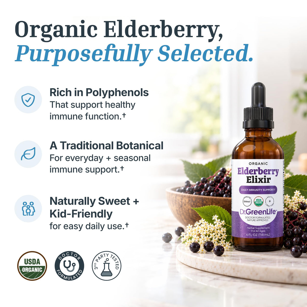 Dr. Green Mom Elderberry Syrup Organic — Elderberry Elixir for Babies, Toddlers & Kids — Cold & Flu Organic Liquid Drops — No Honey — High Potency — Newborn Infant Immune Support & Boost — 4 fl. oz
