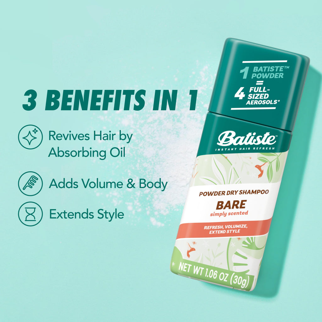 Batiste Powder Dry Shampoo, Simply Bare Scented Non-Aerosol, 1.06 Oz | Subtle Scent, TSA Compliant Travel Size, Oil-Absorbing, Blends Seamlessly, Instant Hair Refresh