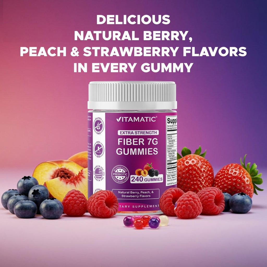 Vitamatic Prebiotic Fiber Gummies for Adults, 7G Extra Strength, Zero Sugar Added, 240 Pectin Based Gummies, Digestive Health & Regularity Support (Pack of 2)