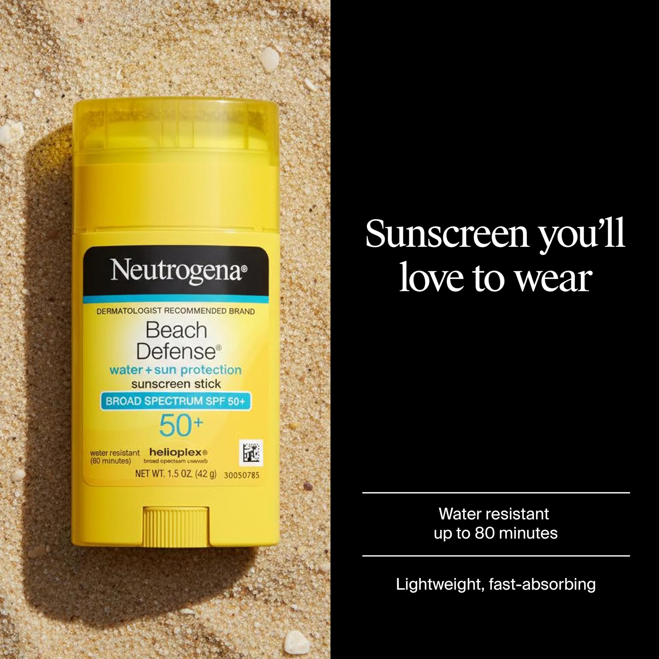 Neutrogena Beach Defense Sunscreen Stick SPF 50, 1.5 oz | Broad Spectrum SPF for UVA/UVB Protection, Water-Resistant up to 80 Minutes, No-Mess, Beach-Strength
