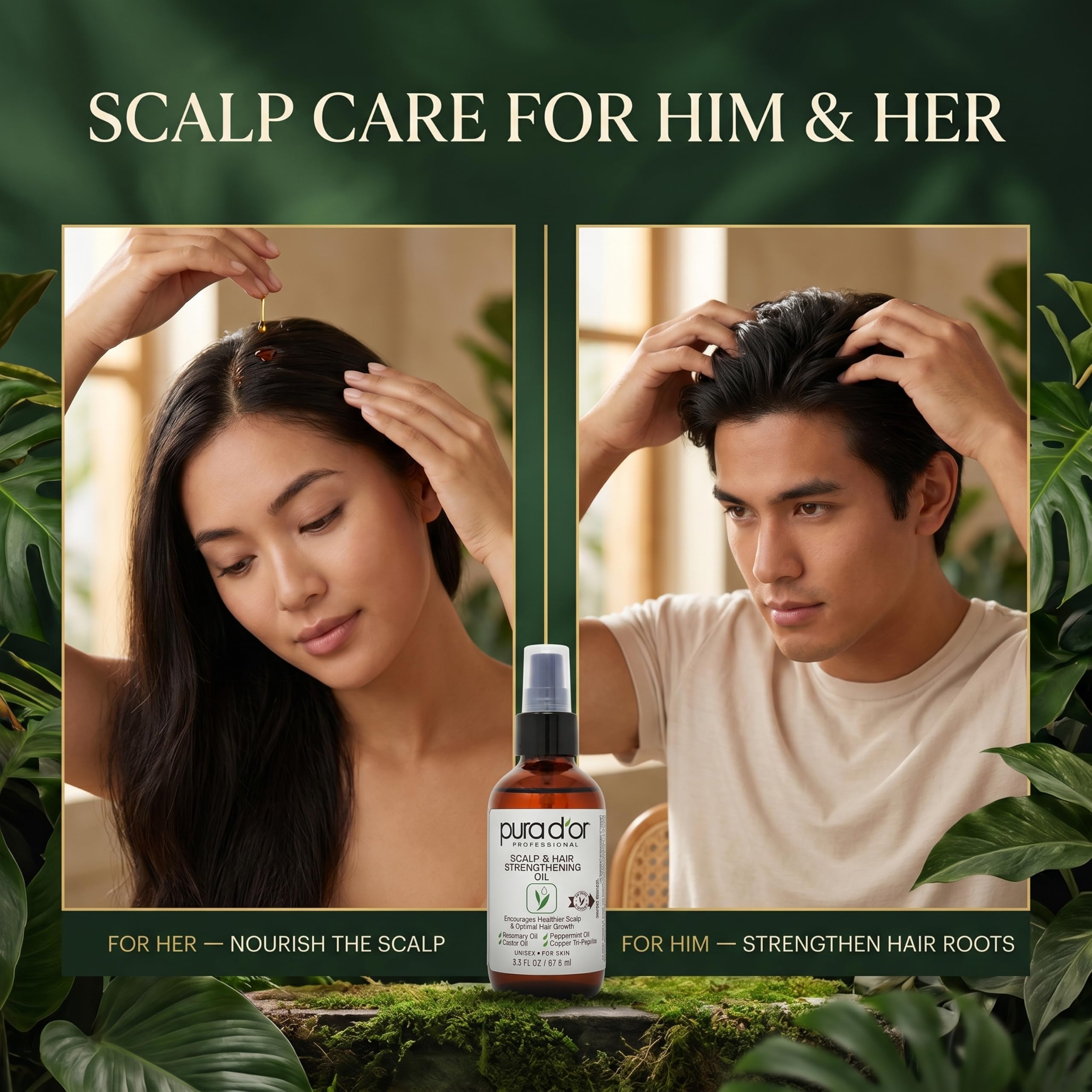 PURA D'OR Scalp & Hair Strengthening Oil Supports Optimal Growth, Reduce Breakage, Nourish Roots for Healthier, Fuller, Thicker Hair - Rosemary, Castor & Peppermint Oil: 3.3 Oz Ayurvedic Hair Care