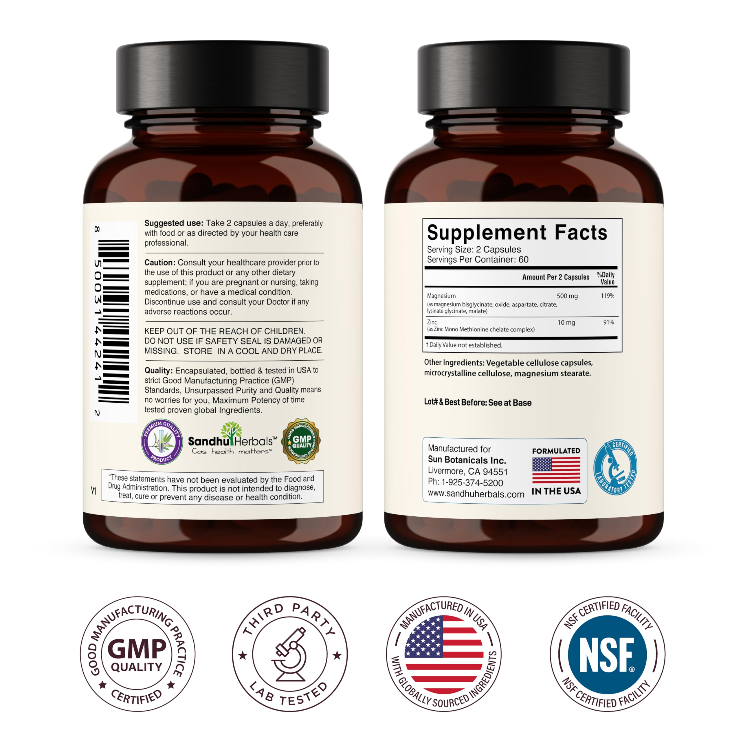 Complete Magnesium Complex 500mg for Women & Men 6-in-1 with Zinc 120 Ct | 3rd Party Tested Active Supplement with Mag Glycinate For Good Sleep, Relaxation & Energy, Made in USA By Sandhu Herbals