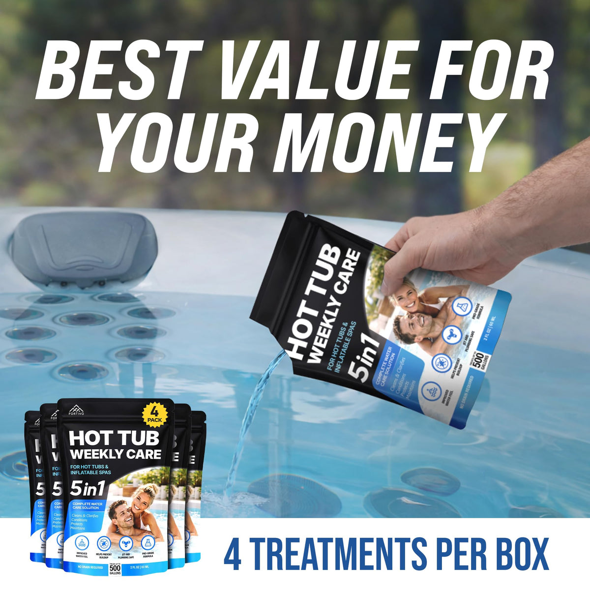 5-in-1 Hot Tub Weekly Care - Water Clarifier and Conditioner for Sparkling Soft Spa Water, Safe on Hot Tub Surfaces and Components, for Acrylic, Inflatable, Portable, Hard Shell Spas - 4 Pouches