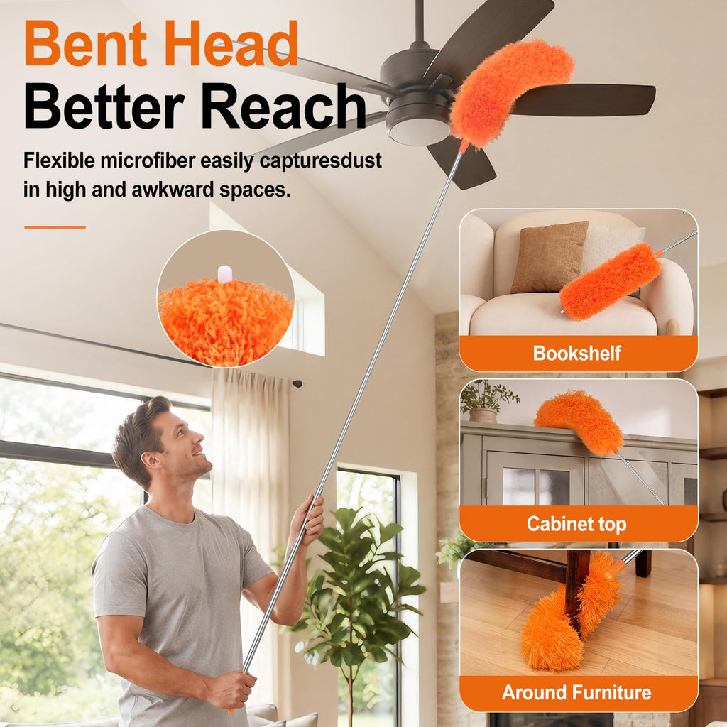 Cobweb Duster with Extension Pole, Pole5-Piece Spider Web Brush with Pole Kit, 100" Telescoping Microfiber Feather Dusters for Cleaning, Bendable Washable Dusters for High Ceilings, Ceiling Fans