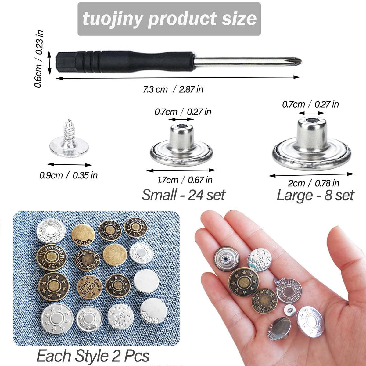 32 Sets Button Pins for Loose Jeans, 17mm and 20mm Jean Buttons Replacement