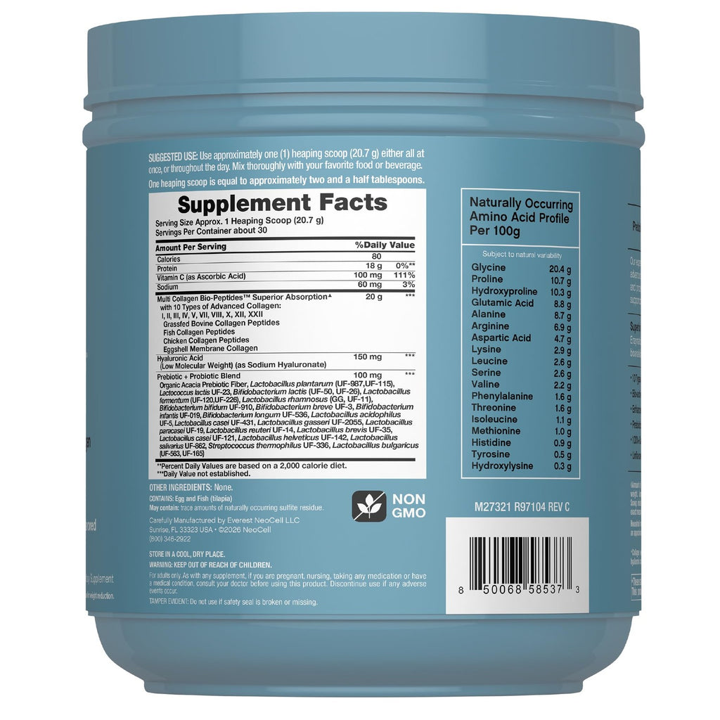 NeoCell Multi Collagen Bio-Peptides Powder | 22oz | Advanced with Hyaluronic Acid and Vitamin C | 10 Super Types of Collagen | Superior Absorption | Grassfed Protein Supplement