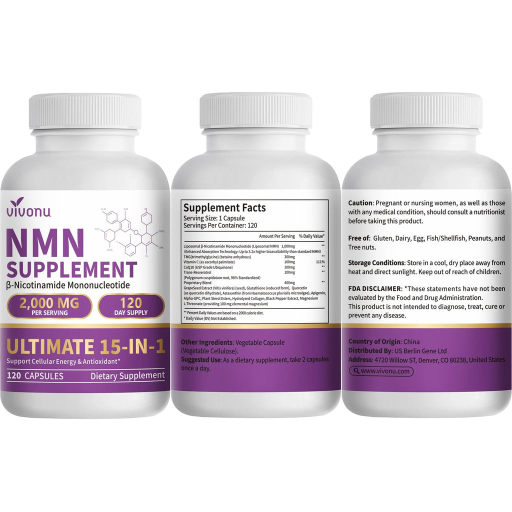 15-in-1 Liposomal NMN Supplement, 2000mg per* Serving*, 120 Day Supply, 99% Pure, NAD+ NMNH Alternative with Nicotinamide Mononucleotide, Resveratrol, TMG, CoQ10, Quercetin & Glutathione, 120 Capsules