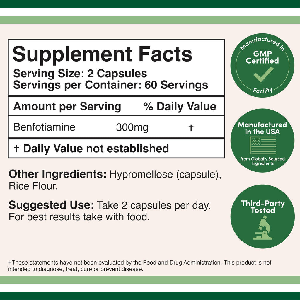 Benfotiamine 300mg Servings (Third Party Tested, 120 Capsules, 150mg Per Cap) Non-GMO, to Boost Thiamine B1 Levels (More Absorbable Than Thiamine, Fat Soluble) by Double Wood (Pack of 2)