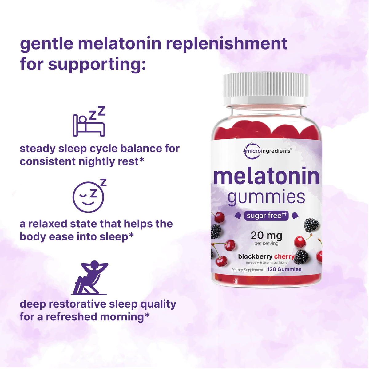 Micro Ingredients Melatonin 20mg Gummies for Adults, 120 Count | Sleep Aid 10mg Melatonin per Gummy | Sugar Free BlackBerry Cherry Flavor | No Drug + Non-Habit-Forming | Non-GMO, Gluten Free