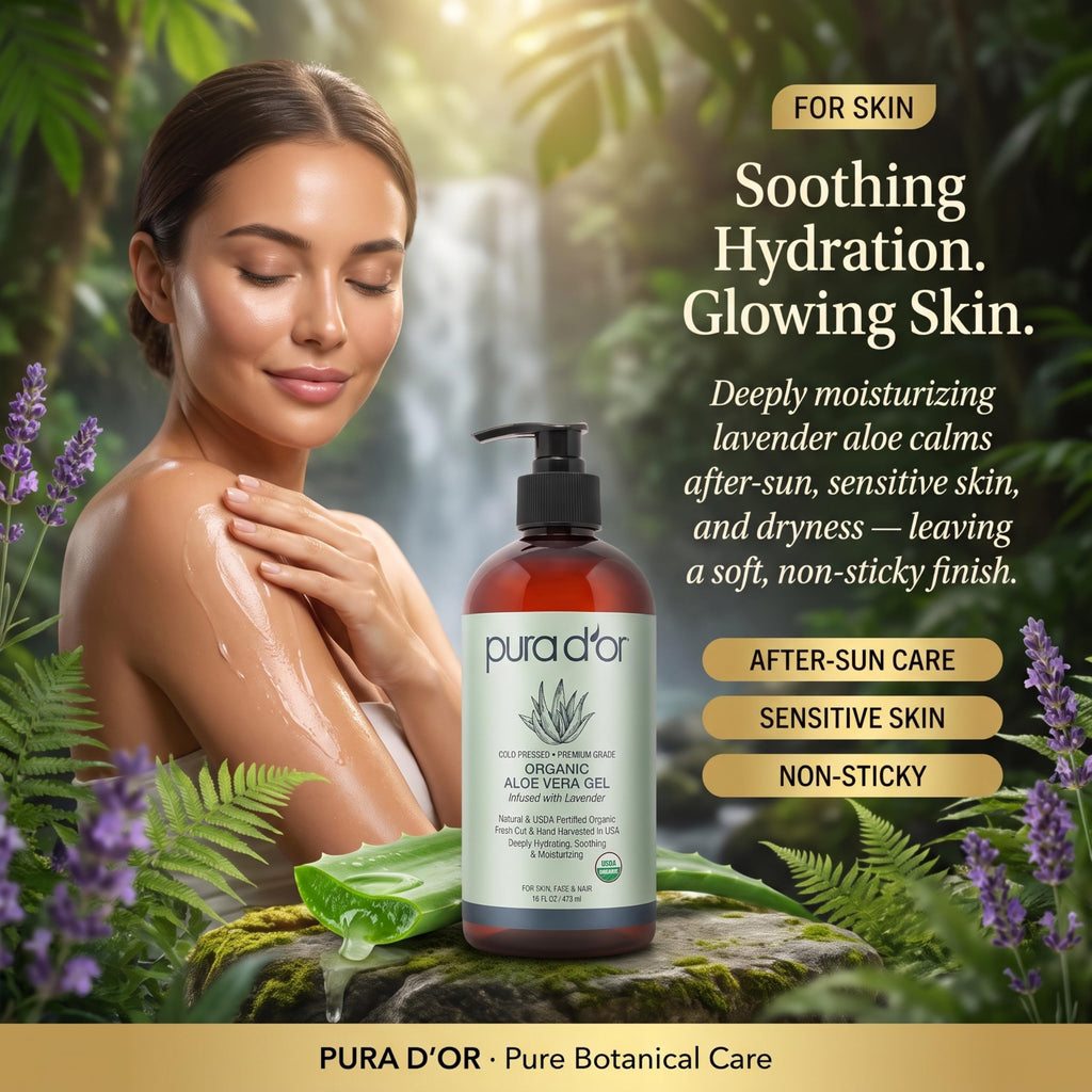 PURA D'OR ORGANIC Aloe Vera Gel Soothing Moisturizer, Lavender, 16oz | Fast-Absorbing, After-Sun Care, USDA Certified, Hydrating, Non-Sticky, Zero Artificial Preservatives, Vegan, Face, Hair, Body