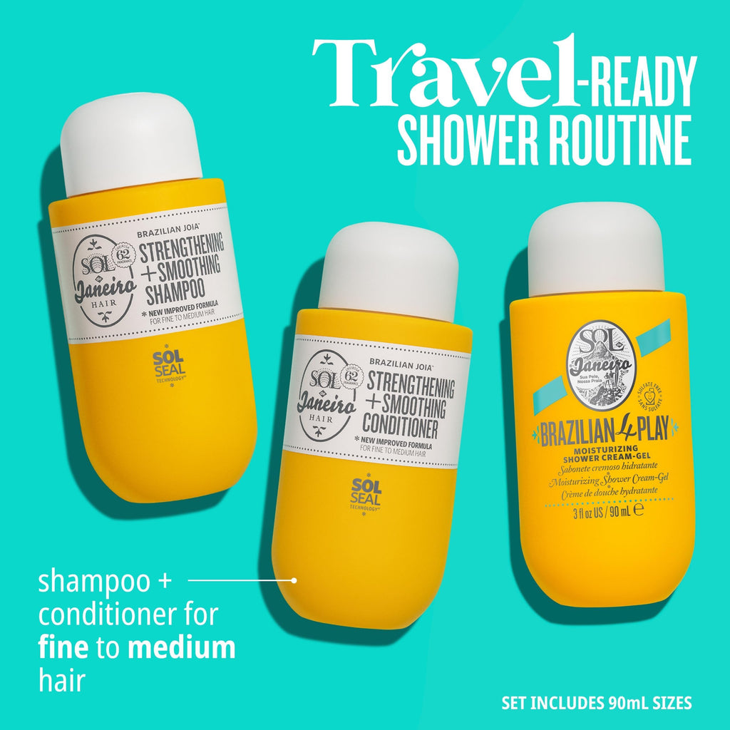 Buy now SOL DE JANEIRO Ultimate Shower Bundle | Travel Size Mini Brazilian Play Moisturizing Shower Cream Gel Body Wash + Brazilian Joia Damage Repairing Shampoo and Conditioner Set | Amazon Exclusive at indiglob india