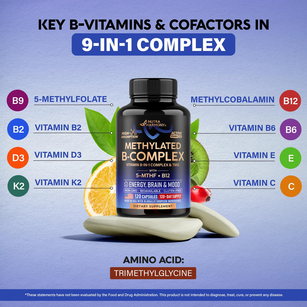 Vitamin B Complex Methylated - B-Complex with Methylfolate & B12 -120 Caps | 9-in-1 Methylated Multivitamin for Men & Women - Energy, Brain & Mood - Vegan, Lab Tested, Bioavailable