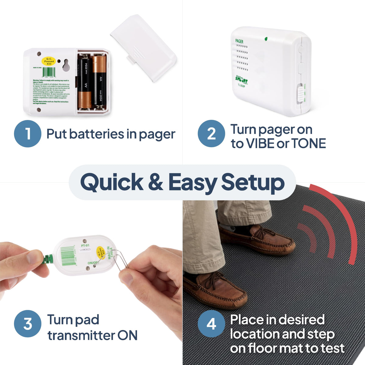 Smart Caregiver Floor Mat Alarm and Pager System - Includes Wireless Pager that Alerts When Someone Steps on the Durable 24in x 48in Floor Mat Sensor