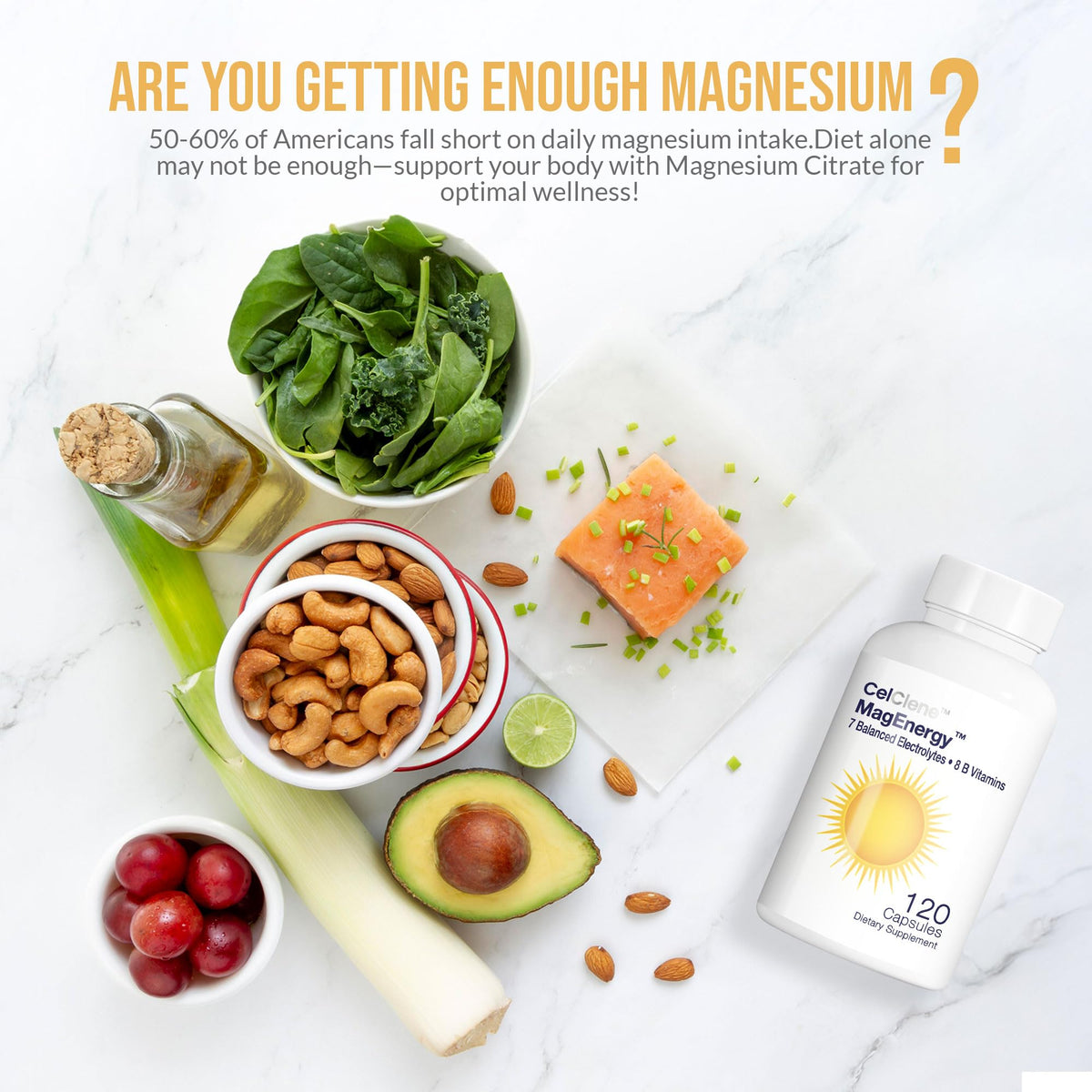 CELCLENE MagEnergy 7 Electrolytes, 8 Super B Vitamins, High Magnesium, High Methyl B12, Methyl Folate, D3/K2, Biotin, Zinc for Hydration, L-Theanine, Choline, Green Tea, Ginger Extracts