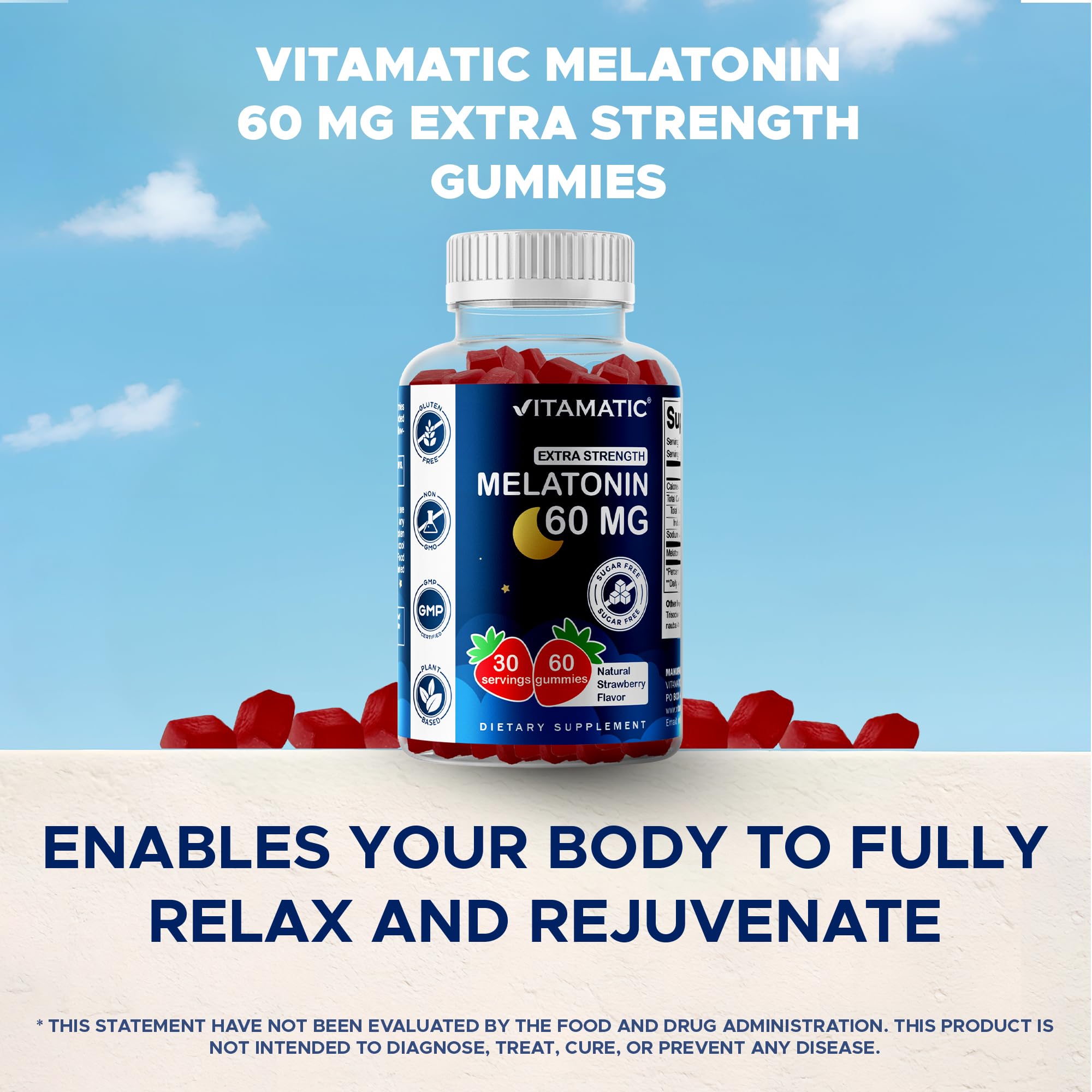 Vitamatic Sugar Free Melatonin 60 mg Per Serving - 60 Vegetarian Gummies | Non-Habit Forming High Potency Melatonin Supplement