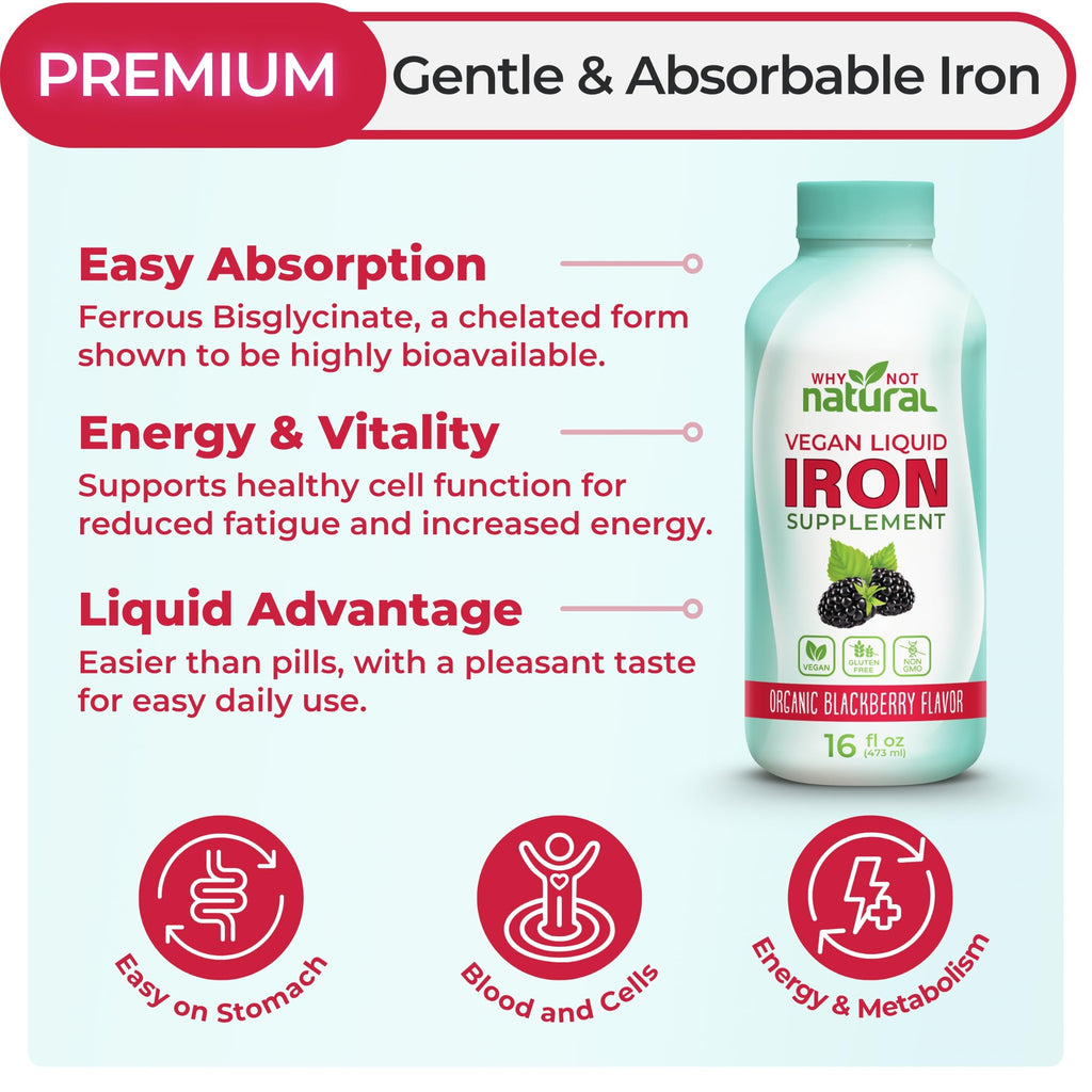 Why Not Natural Liquid Iron Supplement for Women, Men and Kids, Vegan Formulation for Anemia, Sugar Free, Vegan, Non-GMO, Organic BlackBerry Flavor 16 Fl Oz