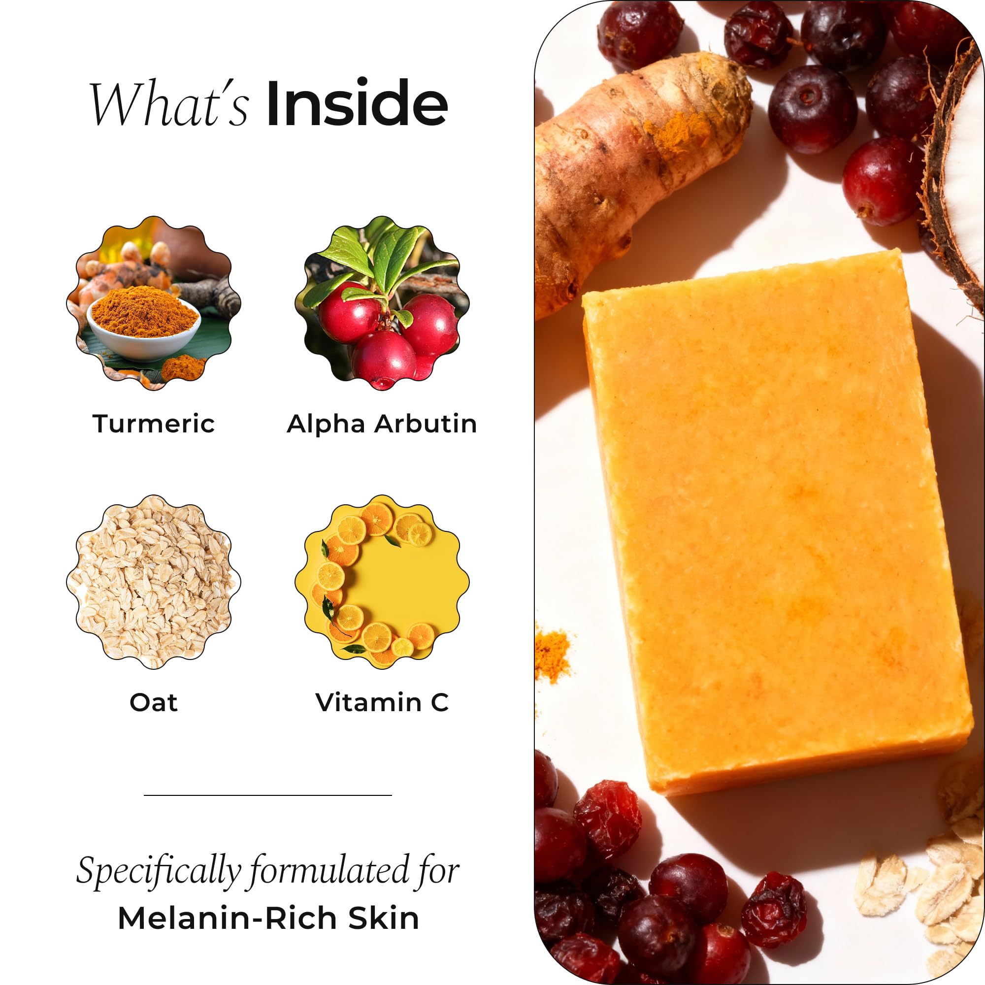 Glo Melanin Turmeric Brightening Soap with Vitamin C, Alpha Arbutin & Oats | 113g, For Face - Body - Dark Spots, All Natural, Vegan, Paraben-Free, Sulfate-free, For Melanin-Rich Skin, Made in USA