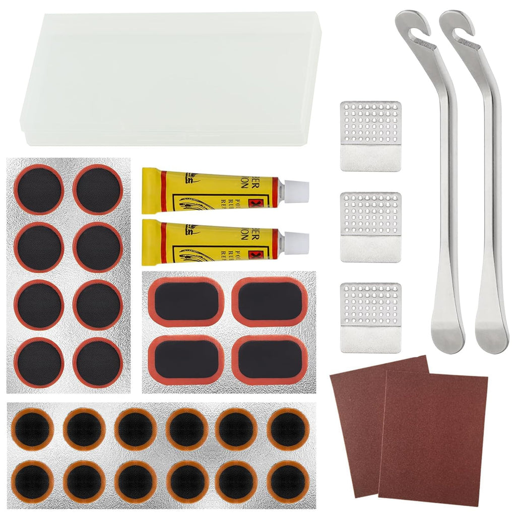 Bike Inner Tire Patch Repair Kit, with 24 PCS Vulcanizing Patches, Portable Storage Box, Metal Rasp and 2 Premium Metal Tire Levers - Also for Road Mountain Bicycle Travel