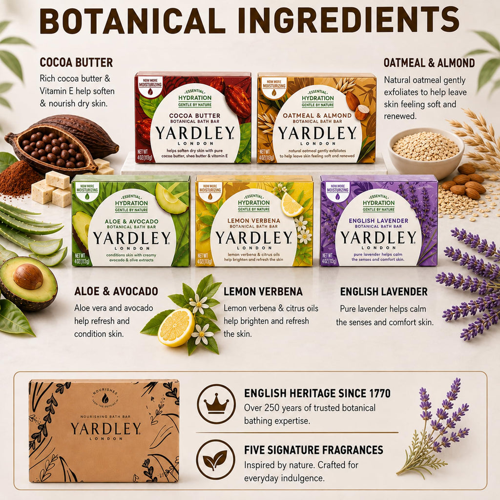 Yardley London Scented Bar Soap Variety Pack - 10 Bars Bath Soap Gift Set for Women & Men: English Lavender, Oatmeal & Almond, Aloe & Avocado, Cocoa Butter, Lemon Verbena Moisturizing Soap Bars
