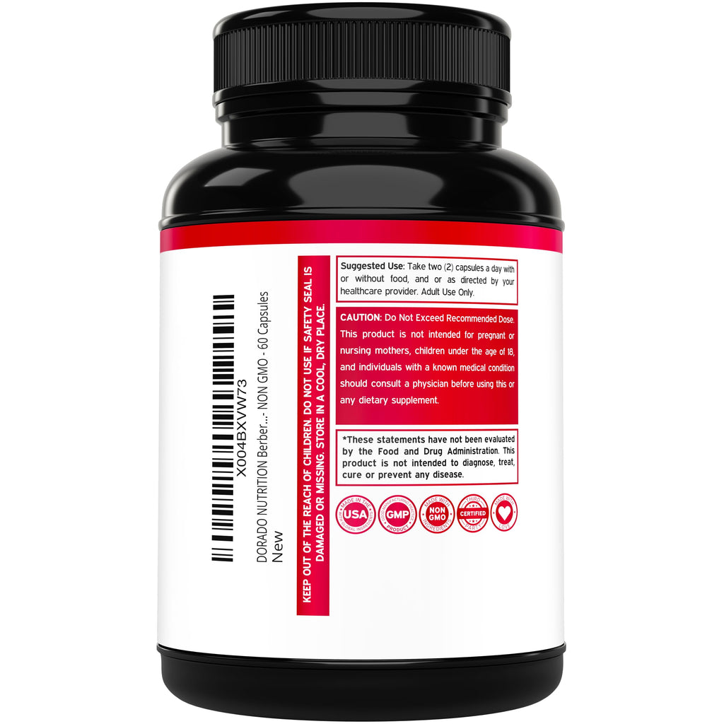 Berberine Supplement 500mg Per Serving (60 Capsules) Berberine HCL for Gut Health Support for Men and Women - Premium Supplements for Adults - Third Party Tested - Vegan Capsules & USA Made