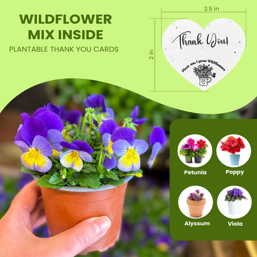 50 Plantable Seed Paper Hearts with Wildflower Seeds- A Thank You Card That Grows | A Memorable Gift Tag That Keeps Giving | 2.5in x 2in Thank You Note for Bridal Shower, Weddings, Holidays, and for Small Business Thank You Cards