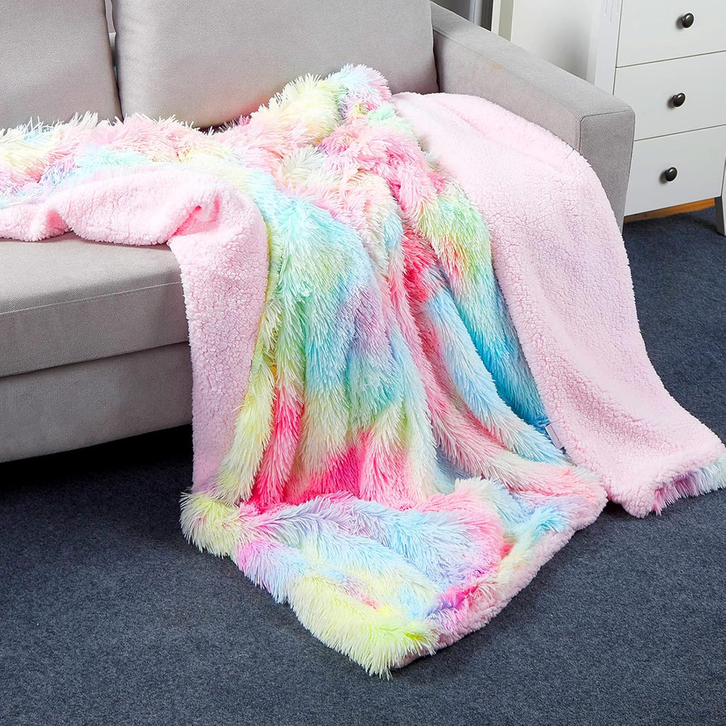 Buy now BOBOR Faux Fur Throw Blanket, Tie Dye Rainbow Sherpa Fleece Fluffy Blanket for Girls, Super Soft Fuzzy Plush Cozy Lightweight Decorative Blankets for Couch Sofa Bed (Rainbow, 59"x79") at indiglob india