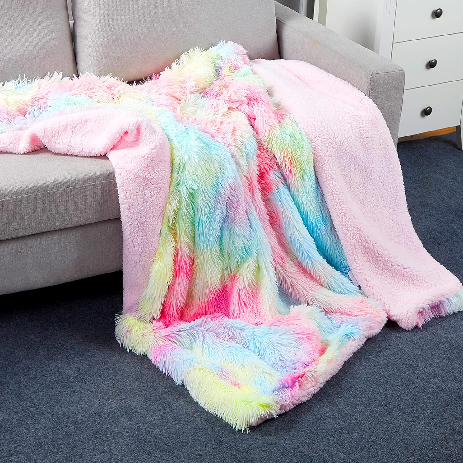 Buy now BOBOR Faux Fur Throw Blanket, Tie Dye Rainbow Sherpa Fleece Fluffy Blanket for Girls, Super Soft Fuzzy Plush Cozy Lightweight Decorative Blankets for Couch Sofa Bed (Rainbow, 59"x79") at indiglob india